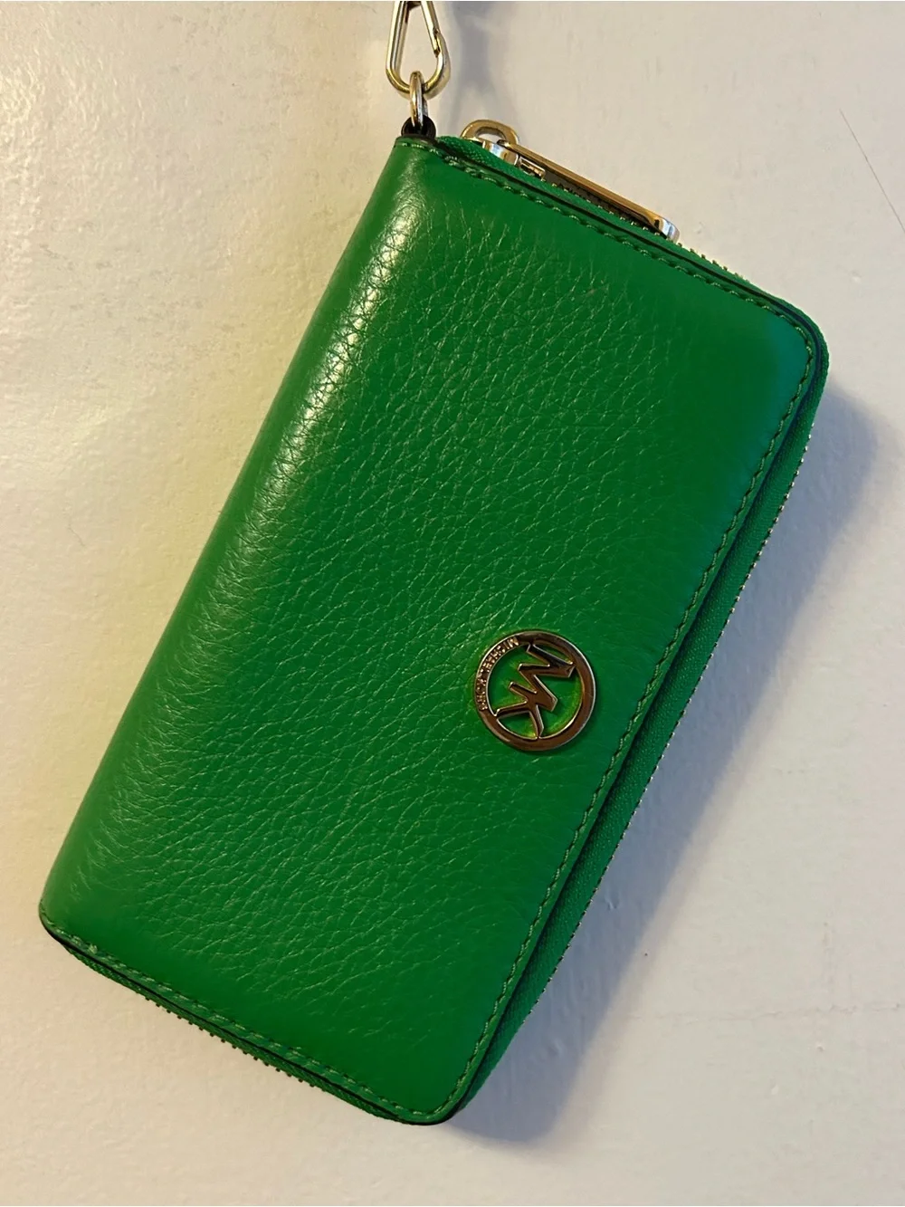 Michael Kors Green Pebble Leather Zip Wallet with MK Logo